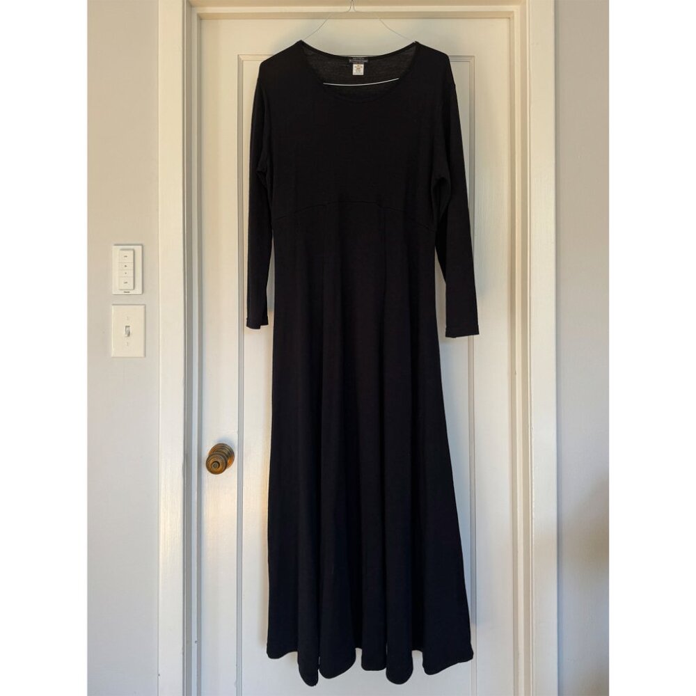 100% wool long sleeve black maxi dress made in Italy for J. Peterman Company